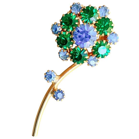 VTG Mid Century Brooch Floral Green Blue Rhinestone Gold Tone EUC - Picture 1 of 12